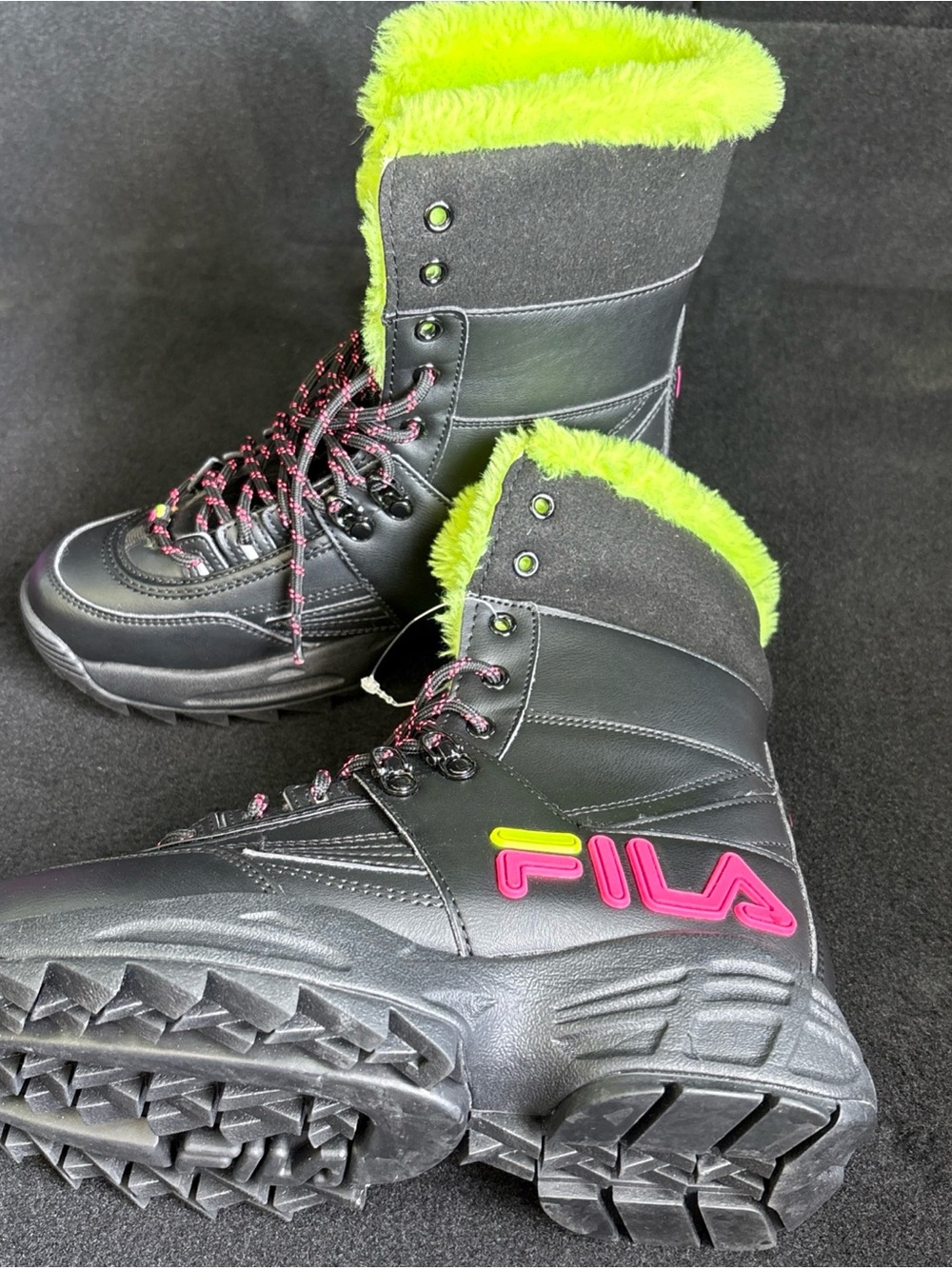 FILA Black Boots with Neon Green Fur and Pink Logo